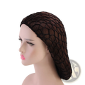 Black fishnet crochet mesh hairnet korean style long hair snood cap displayed on mannequin head