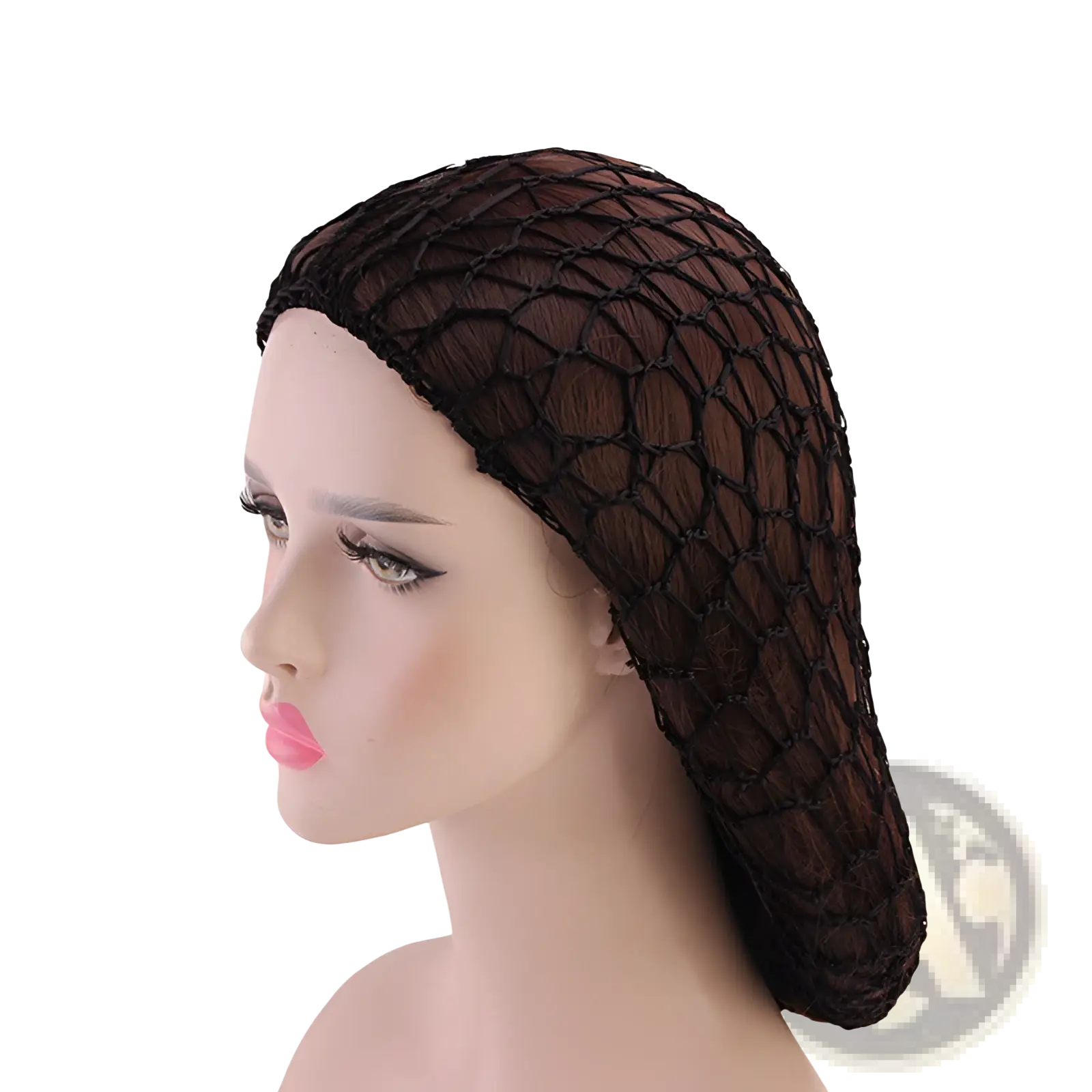Black fishnet crochet mesh hairnet korean style long hair snood cap displayed on mannequin head