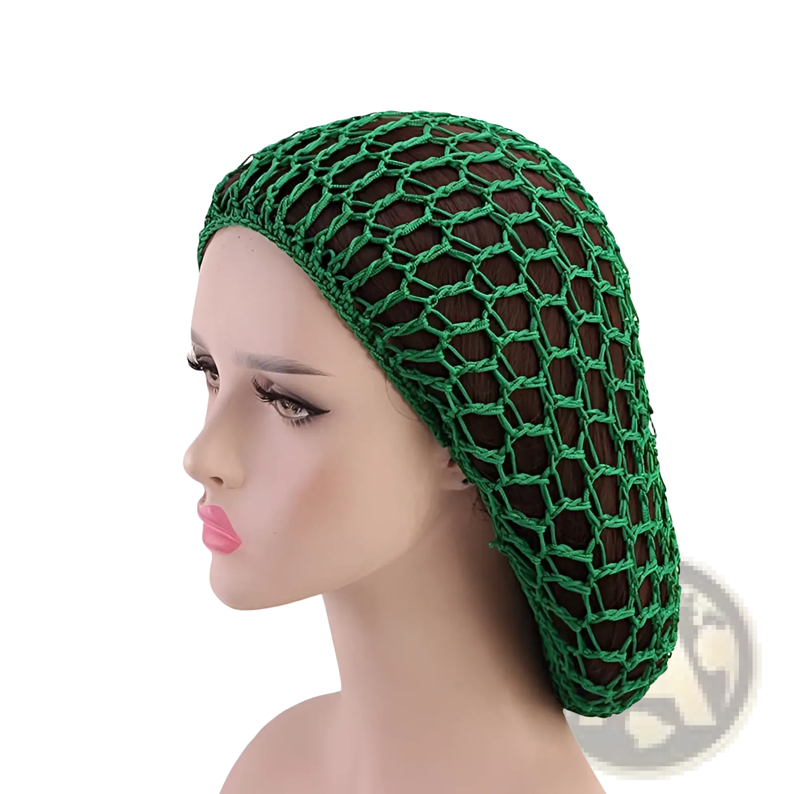 Green knitted crochet mesh hairnet Korean style long hair snood cap displayed on mannequin front view