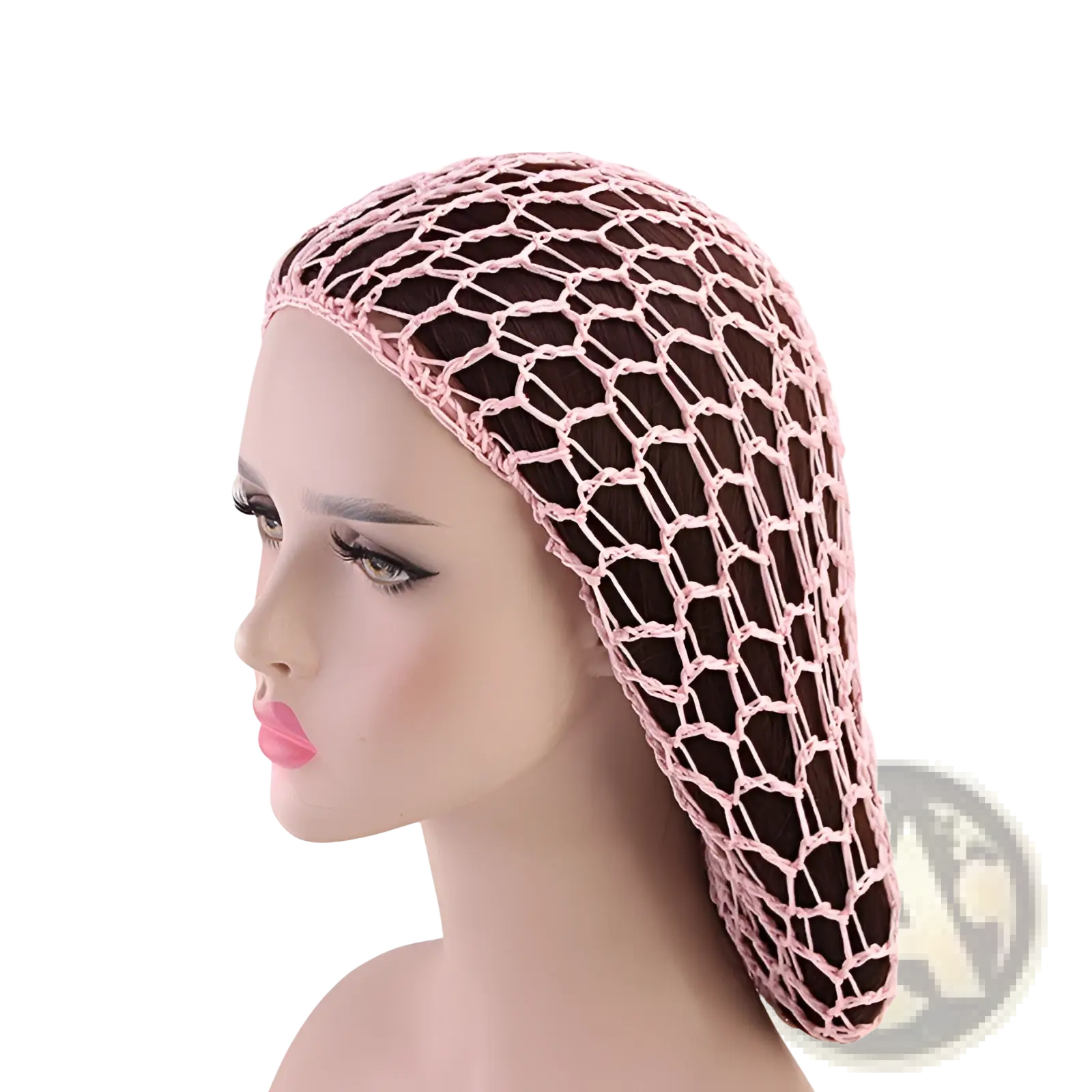 Pink crocheted mesh hairnet made of breathable material in korean style for long hair protection and styling