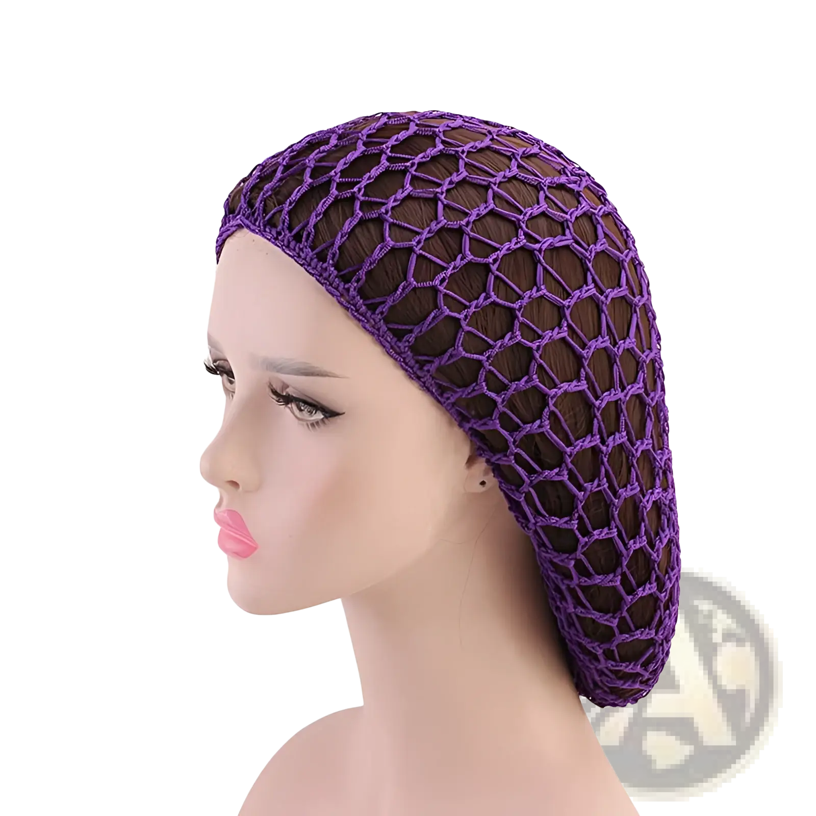Purple mesh crochet hairnet Korean style long hair snood cap displayed on a mannequin head