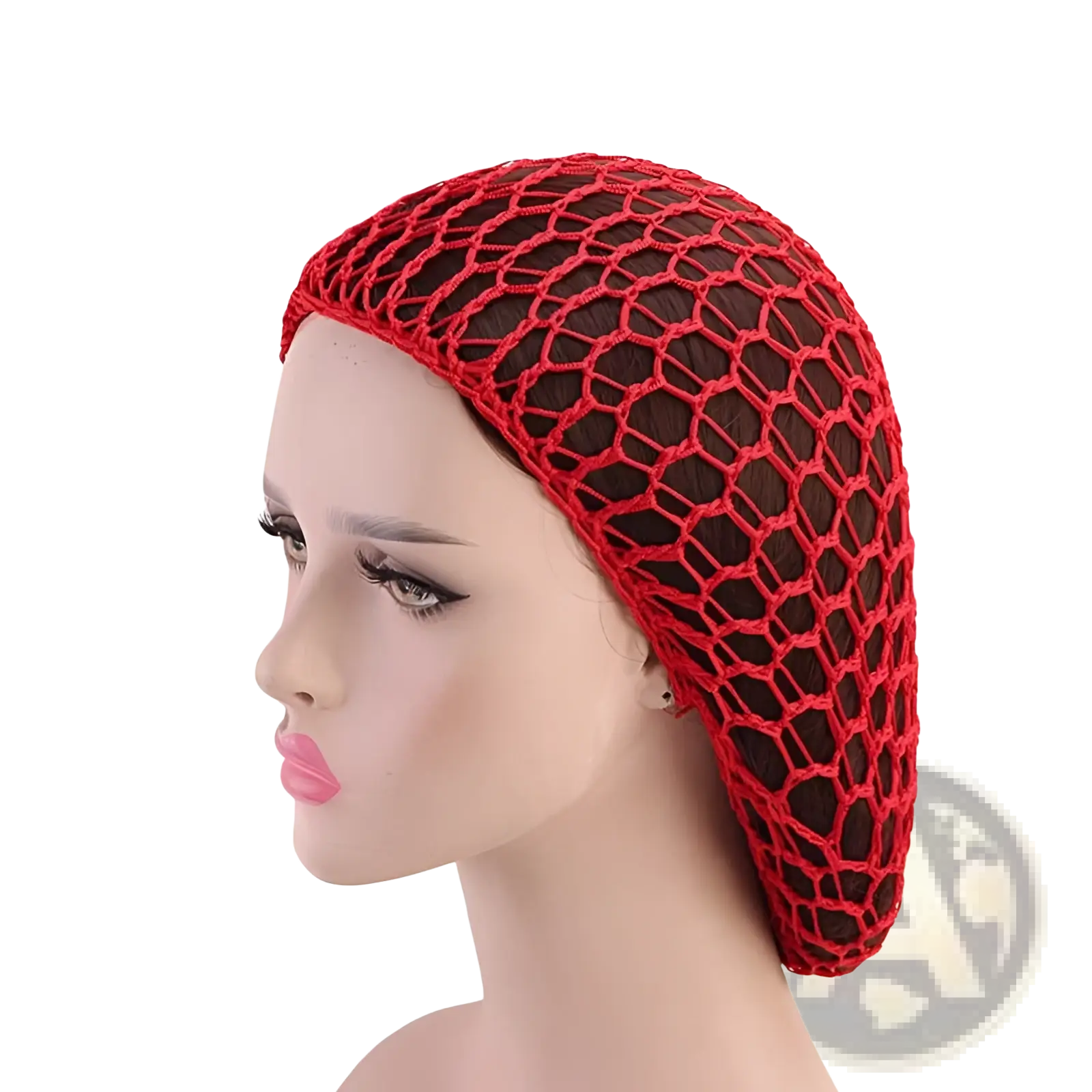 Red knitted mesh hairnet crochet style long hair snood cap worn by a mannequin showing front view