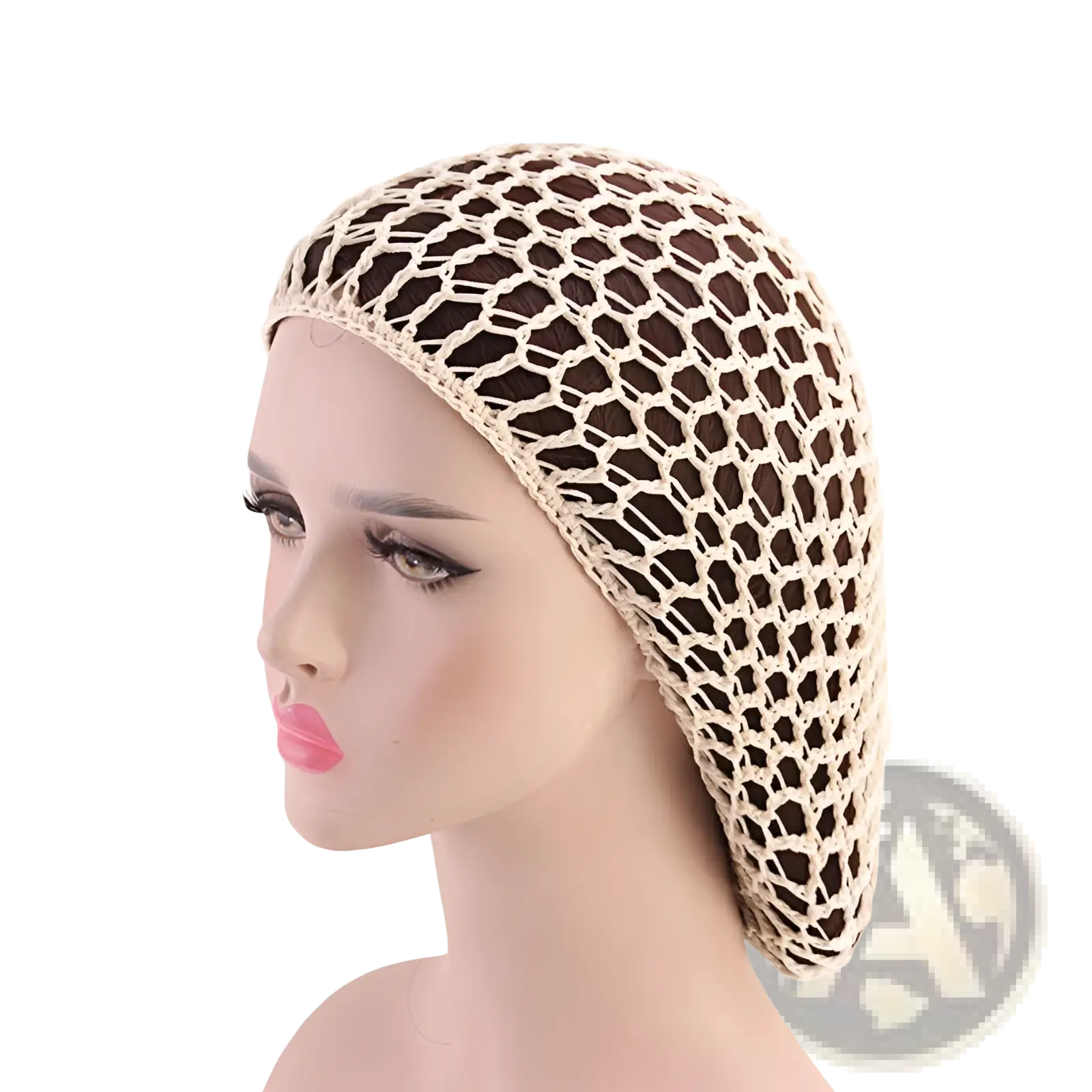 Beige crocheted mesh hairnet with hexagonal pattern made of crochet for long hair Korean style snood cap