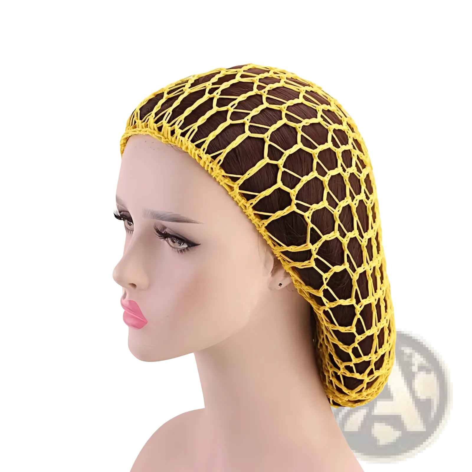 Yellow crocheted mesh hairnet worn over dark brown hair in Korean style long hair snood cap design