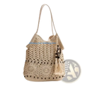 Beige crocheted shoulder tote bag with intricate lace patterns dark brown bead accents and tassel detail for beach use