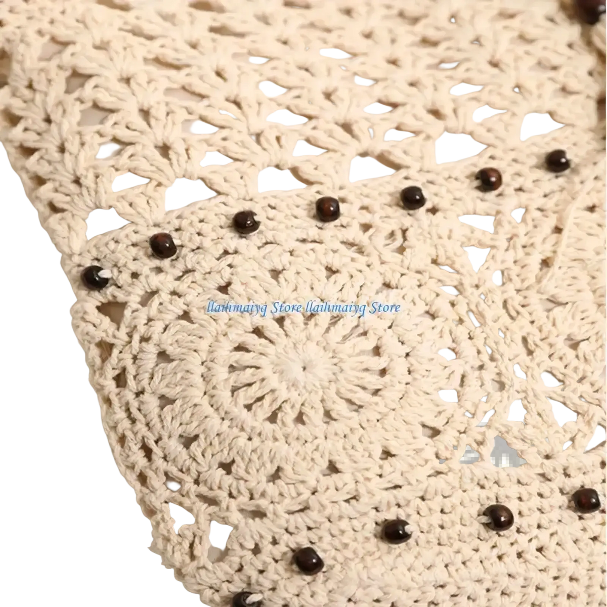 Cream-colored crocheted shoulder bag with intricate floral patterns and dark brown wooden beads for beach use