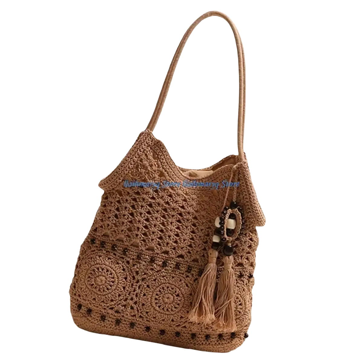 Beige crocheted shoulder bag with intricate circular patterns and tassel detail woven for beach use
