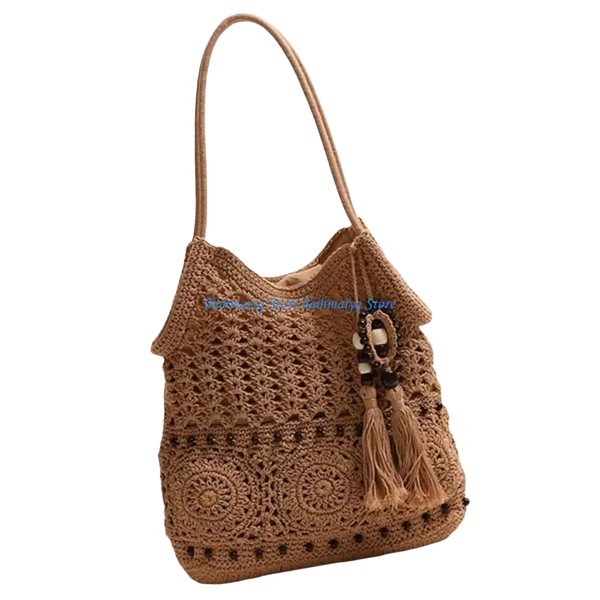 Beige crocheted tote bag with tassel and bead accent, perfect as a woven beach shoulder purse