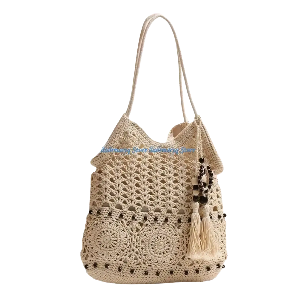 Beige crocheted shoulder tote bag with intricate lace patterns dark brown bead accents and tassel detail for beach use
