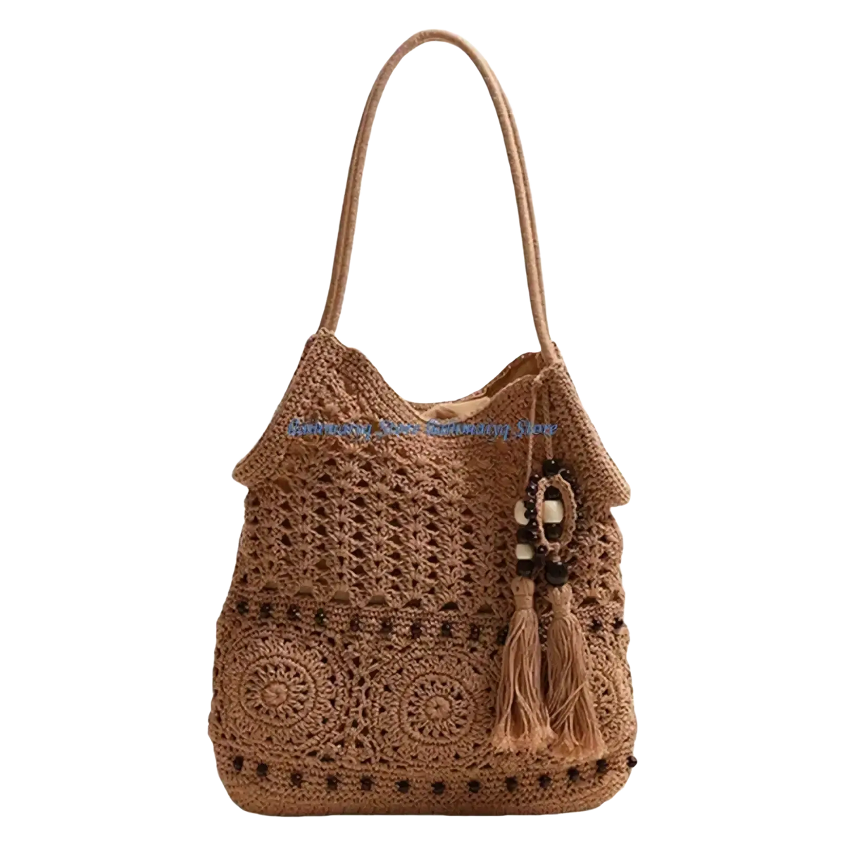 Beige crocheted shoulder bag with intricate circular patterns tassel and bead accent perfect for beach use