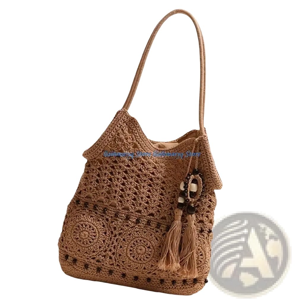 Beige crocheted shoulder bag with intricate circular patterns and tassel detail woven for beach use