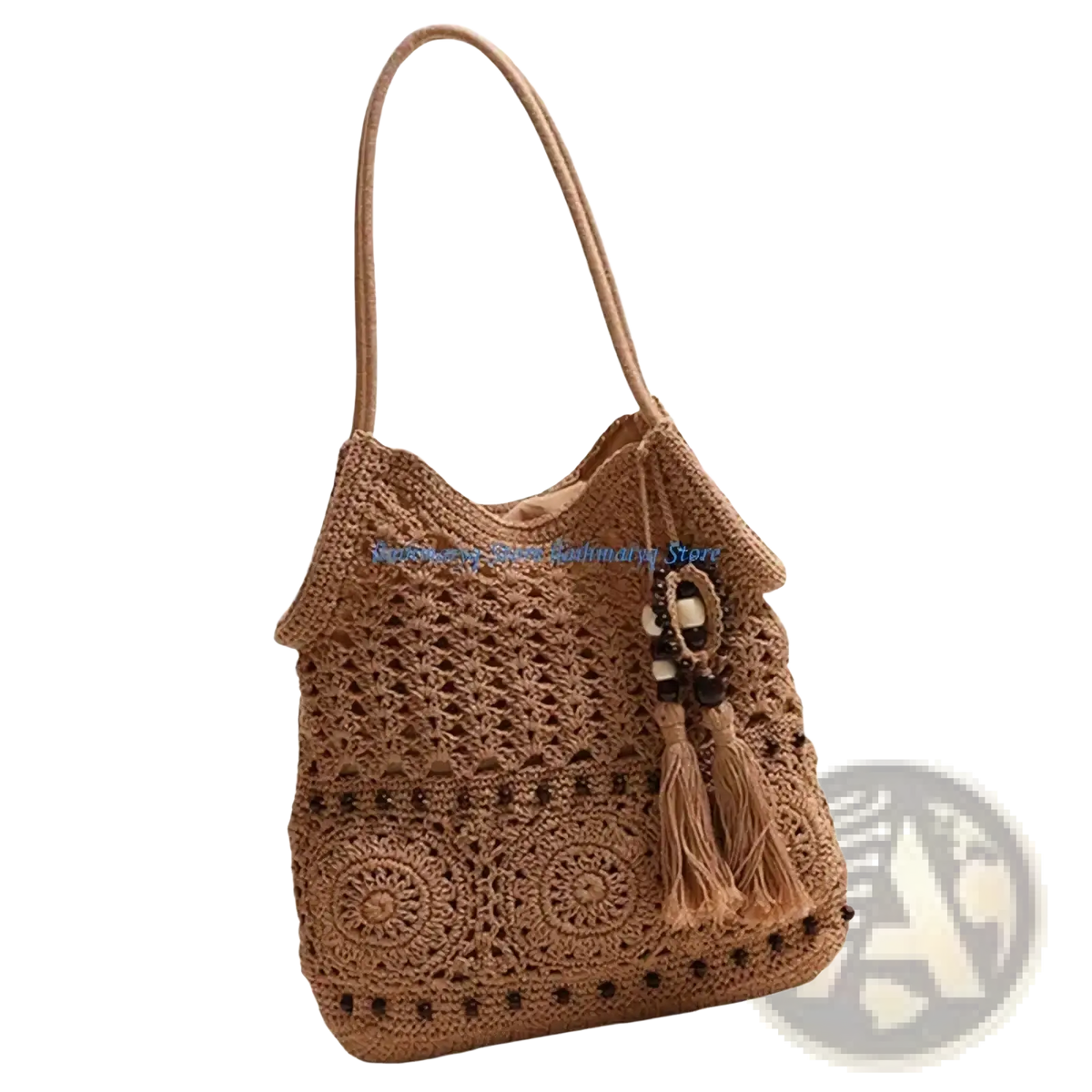 Beige crocheted tote bag with tassel and bead accent, perfect as a woven beach shoulder purse