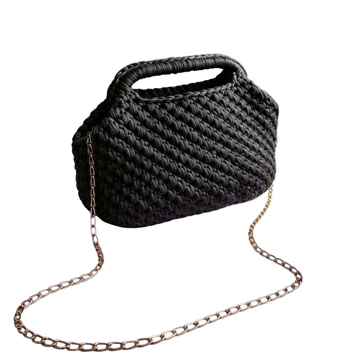 Black crocheted shoulder bag with gold chain strap woven for stylish beach tote use