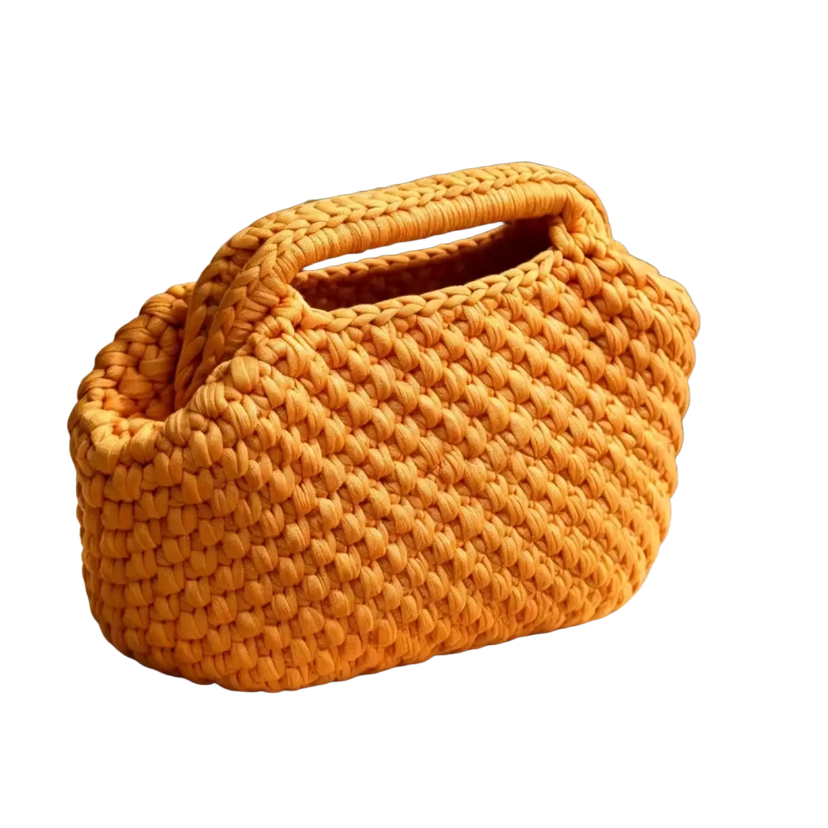 A cozy mustard-yellow crocheted shoulder bag with chunky knit pattern and integrated top handle for beach use