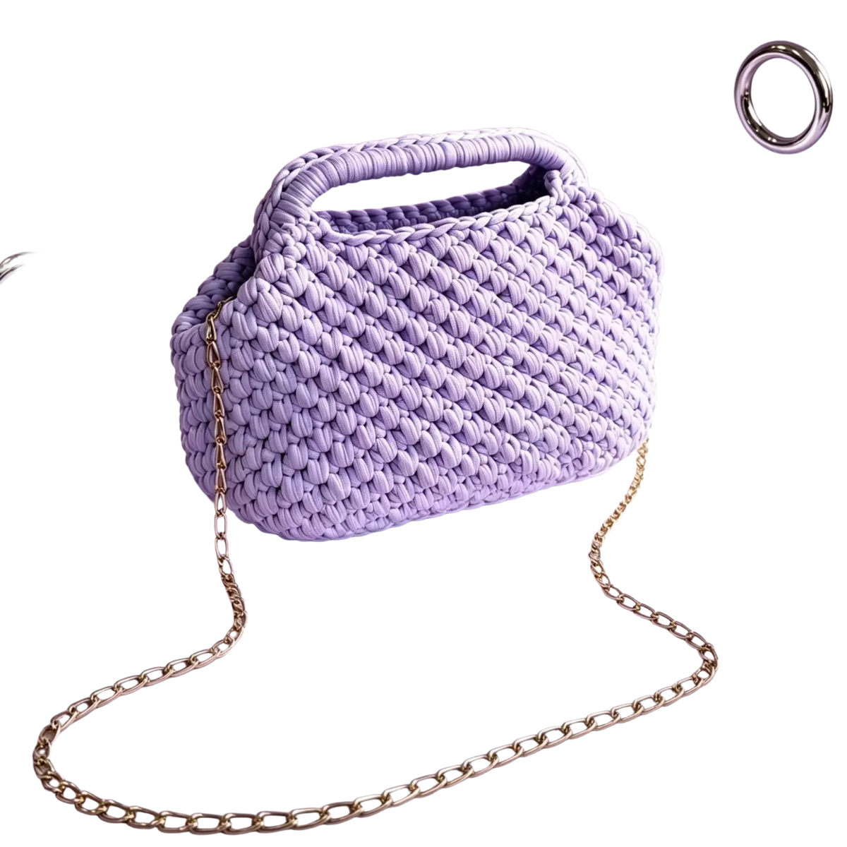 Lavender crocheted shoulder bag with a woven pattern and gold chain strap perfect as a beach tote purse