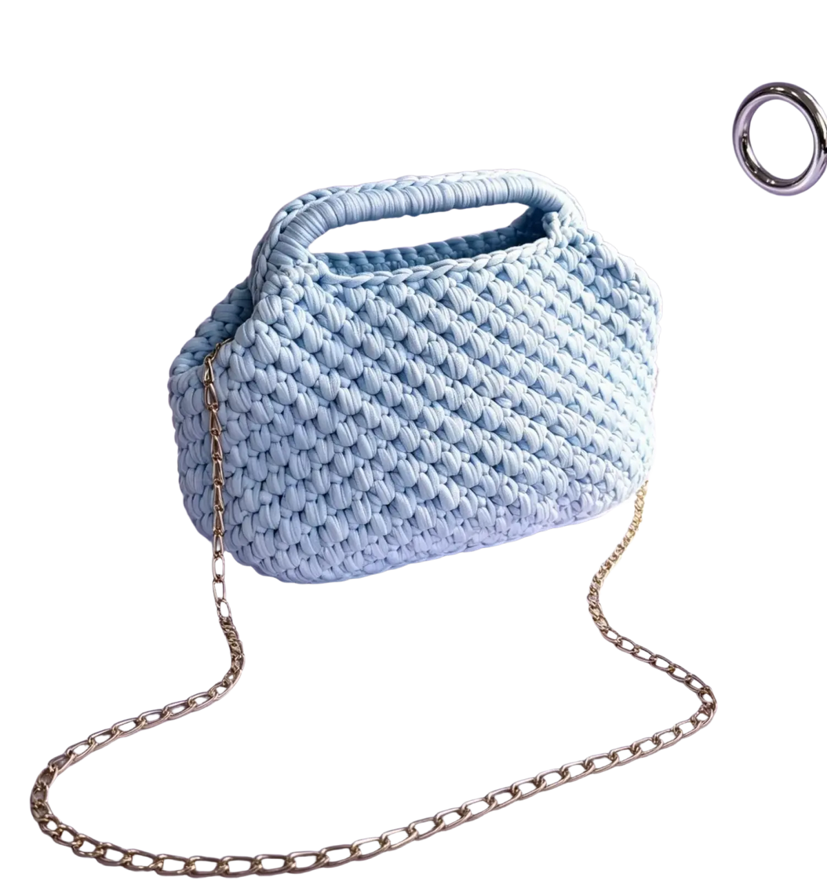 Light blue crocheted shoulder bag with gold chain strap and matching handle woven for beach tote use