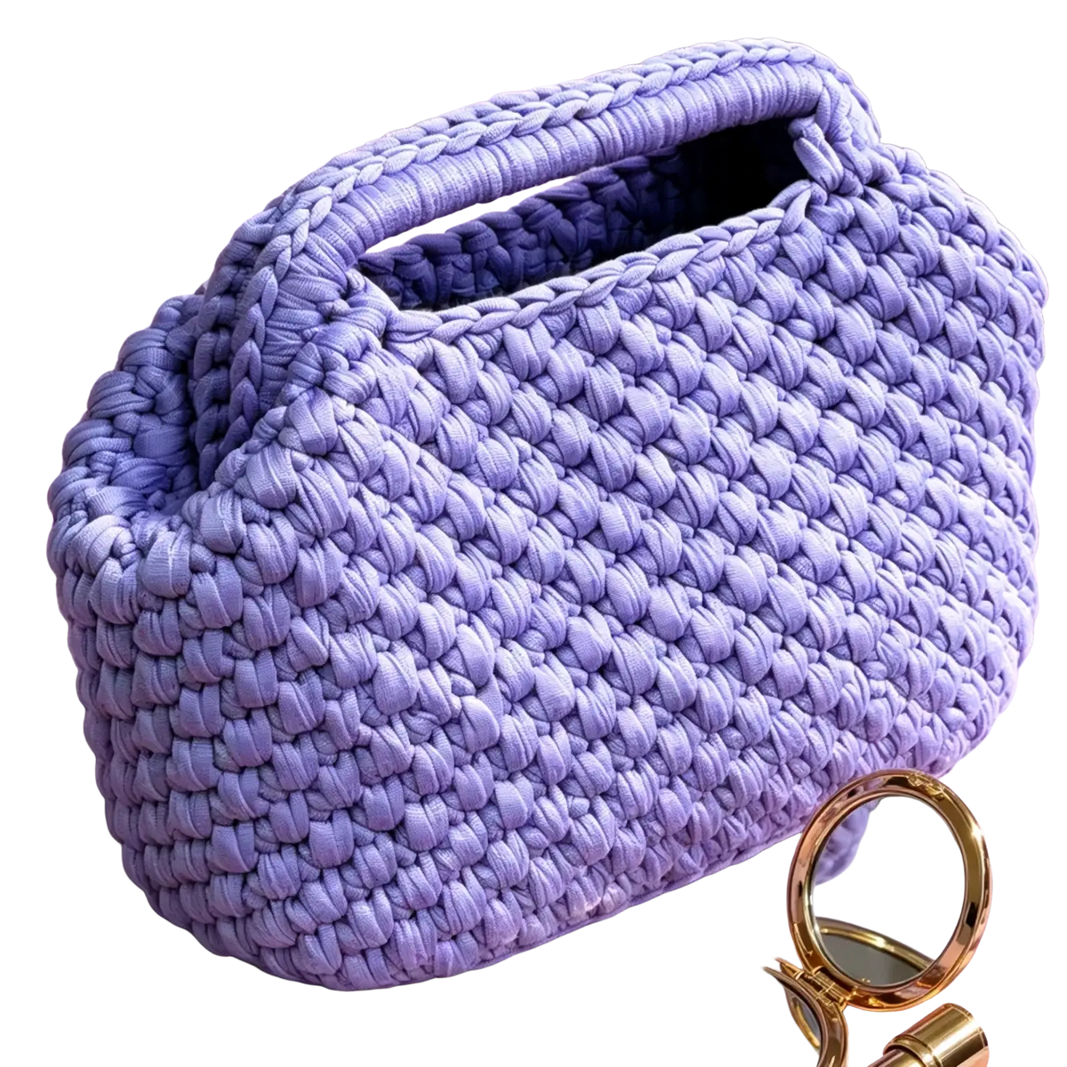 A soft lavender crocheted shoulder bag with thick textured weave and sturdy handles for beach use