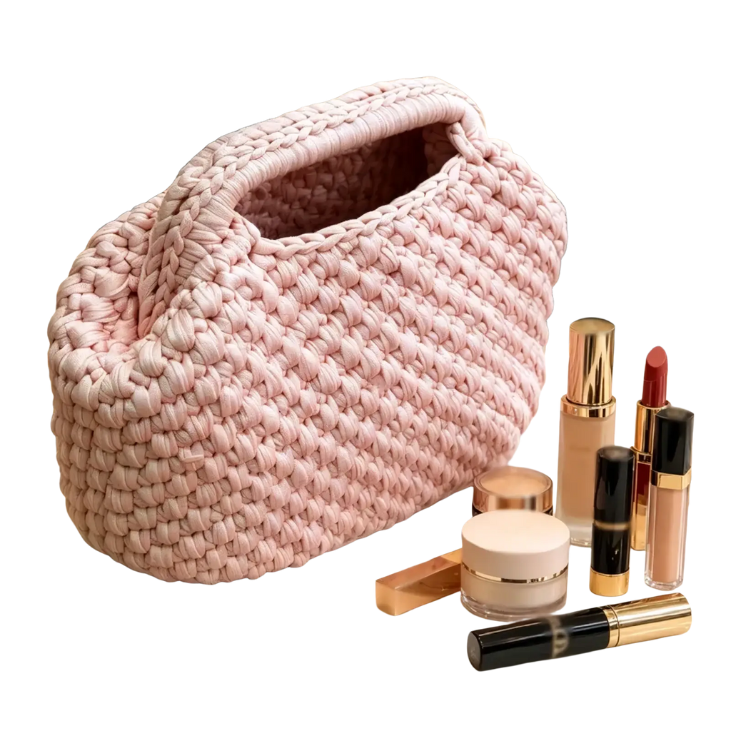 A soft pink chunky-knit crochet shoulder bag with rounded shape and integrated handles woven for beach use