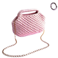 A soft pink crocheted shoulder bag with a textured woven pattern and gold chain strap beach tote purse