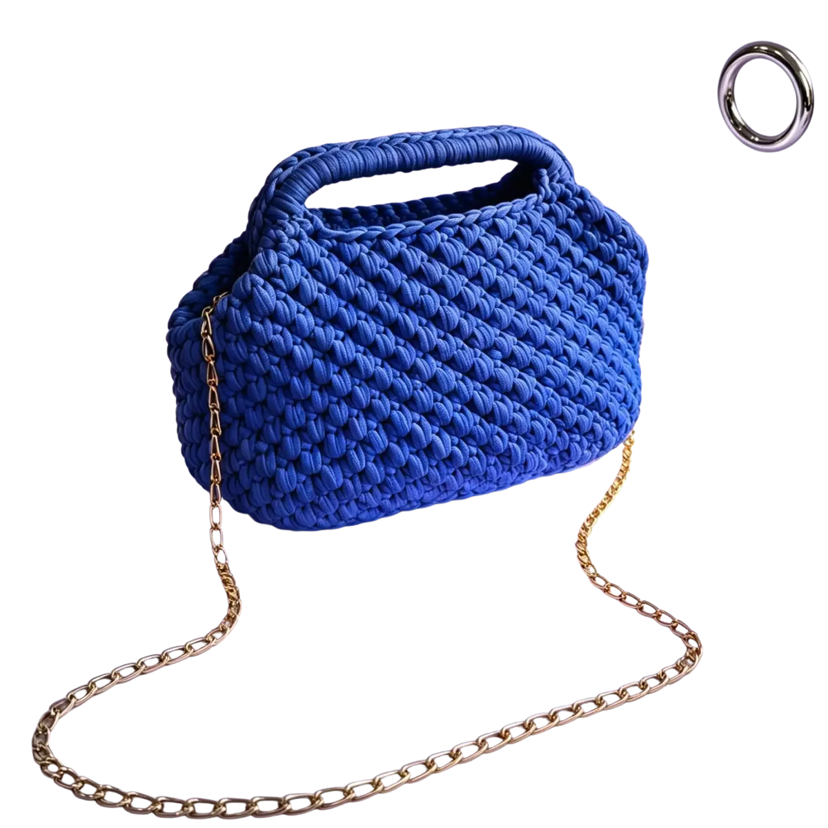 A vibrant cobalt blue crocheted shoulder bag with woven texture and gold-toned chain strap for beach use
