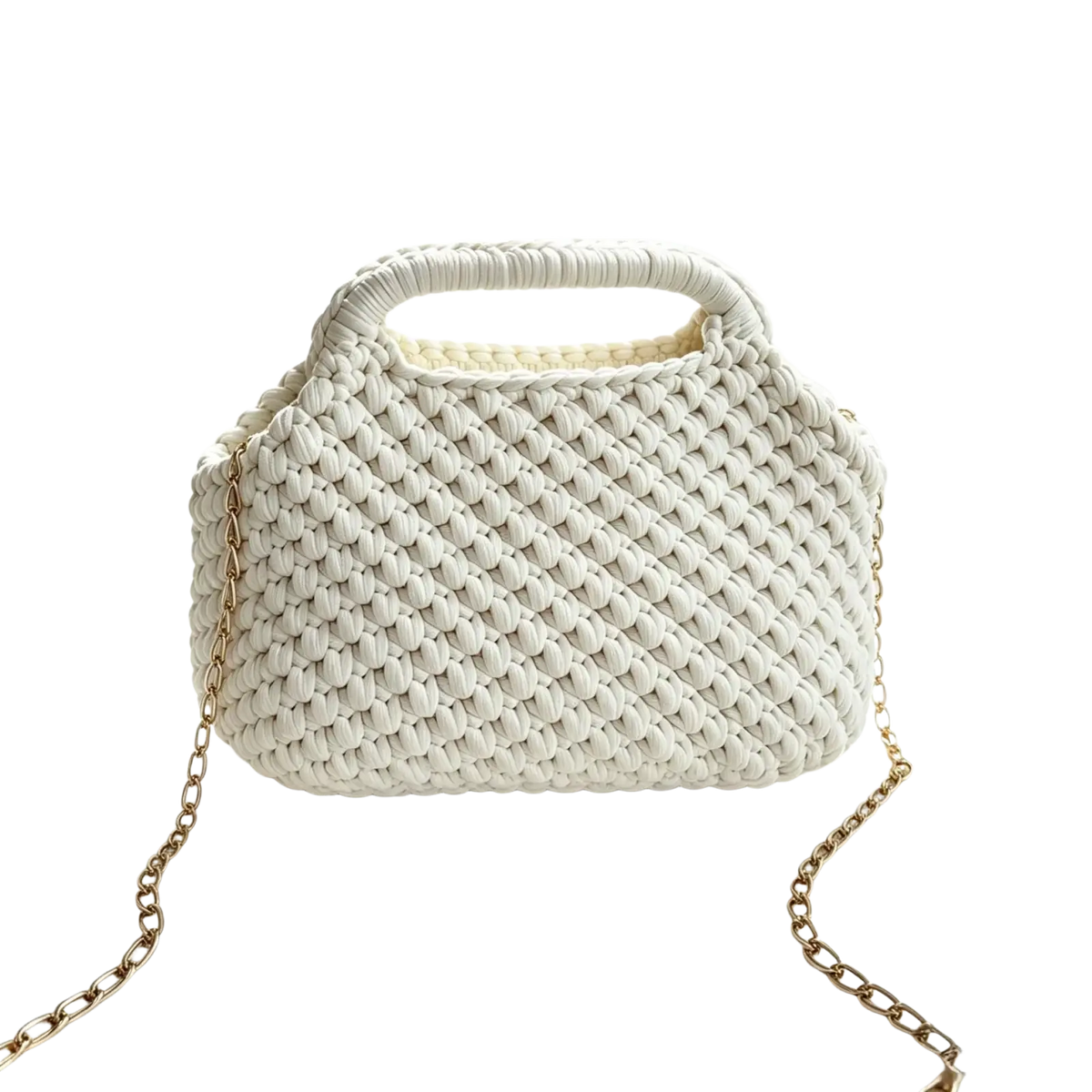 White crocheted shoulder bag with textured woven pattern and gold-toned chain strap beach tote purse