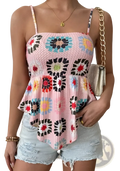 Pink crocheted peplum camisole top with thin straps featuring colorful floral patterns and intricate crochet detailing