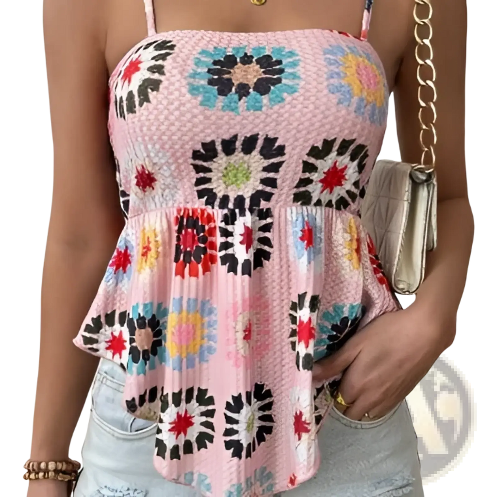Pink crocheted floral peplum camisole top with colorful patterns and a flared hem for a stylish look