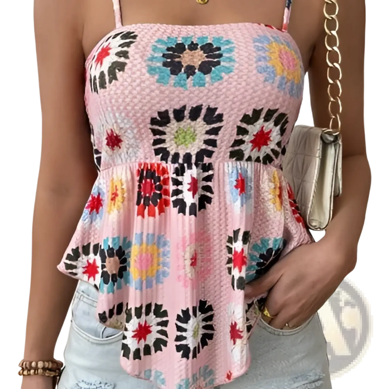 Pink crocheted floral peplum camisole top with colorful patterns and a flared hem for a stylish look