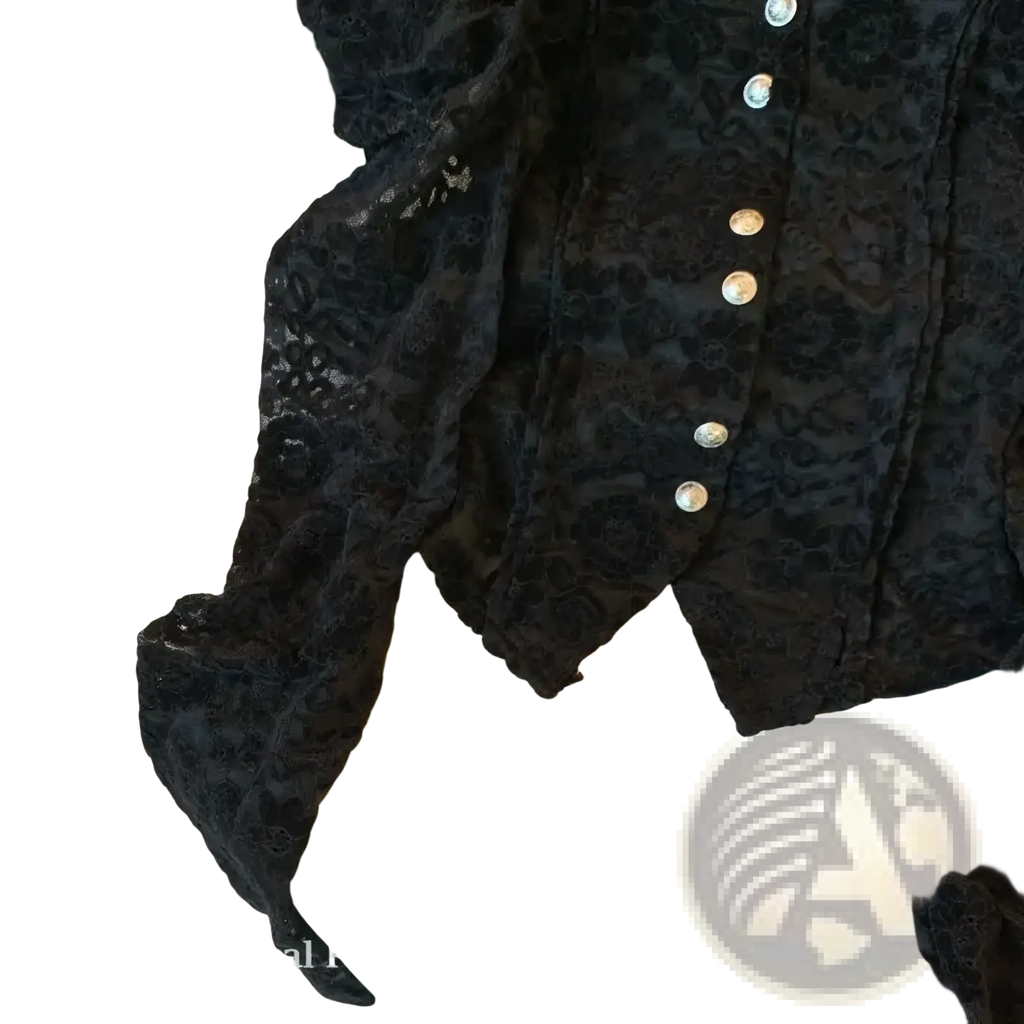 Black crocheted lace bubble sleeve blouse with floral pattern and silver buttons showcasing elegant design