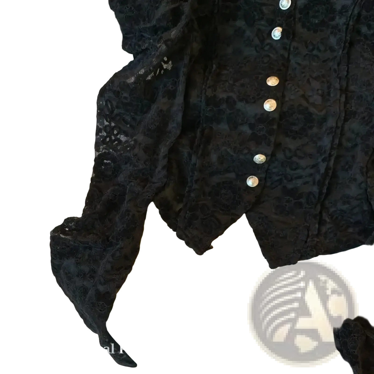 Black crocheted lace bubble sleeve blouse with floral pattern and silver buttons showcasing elegant design