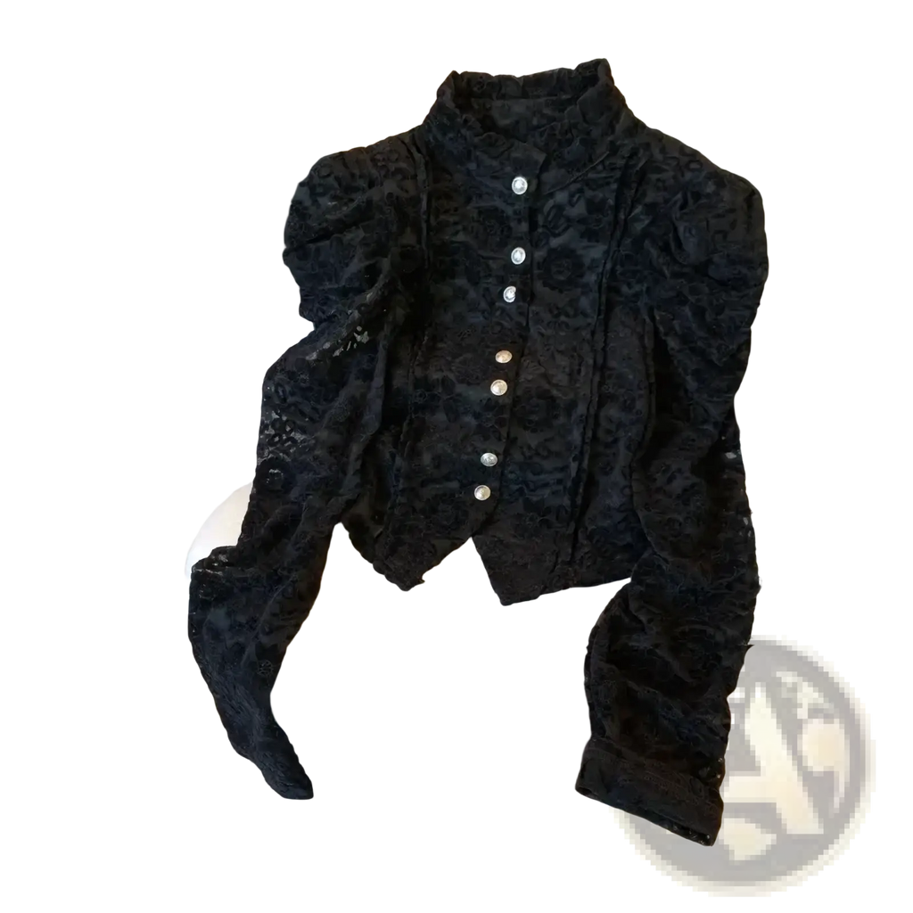 Black crocheted lace blouse with bubble sleeves and silver buttons for elegant occasions