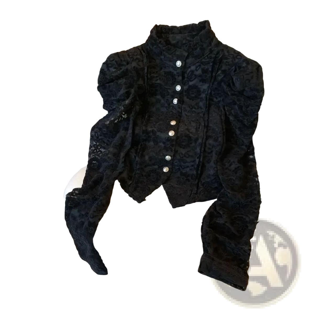 Black crocheted lace blouse with bubble sleeves and silver buttons for elegant occasions