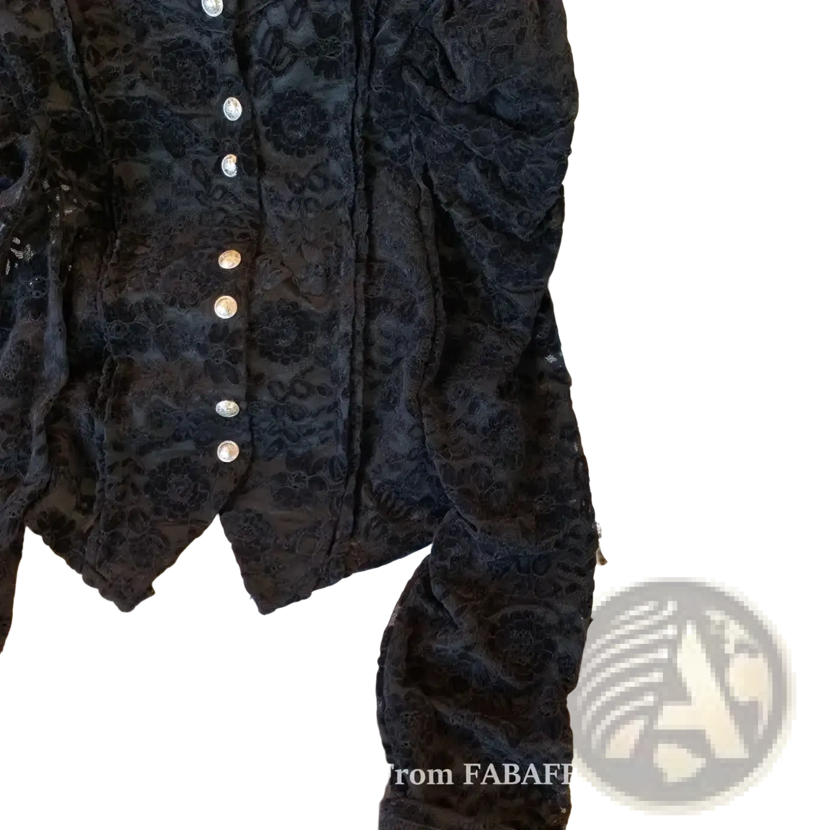 Black lace velvet cropped jacket with silver buttons complementing crocheted lace bubble sleeve blouse front view