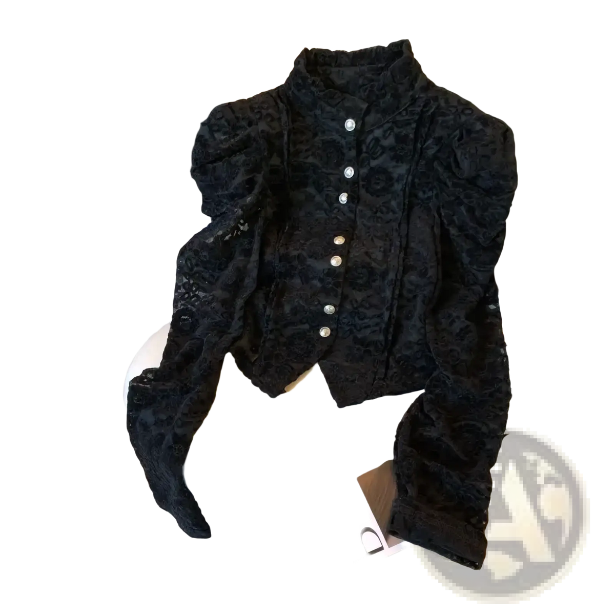 Black crocheted lace blouse with puffed bubble sleeves and silver buttons for elegant occasions