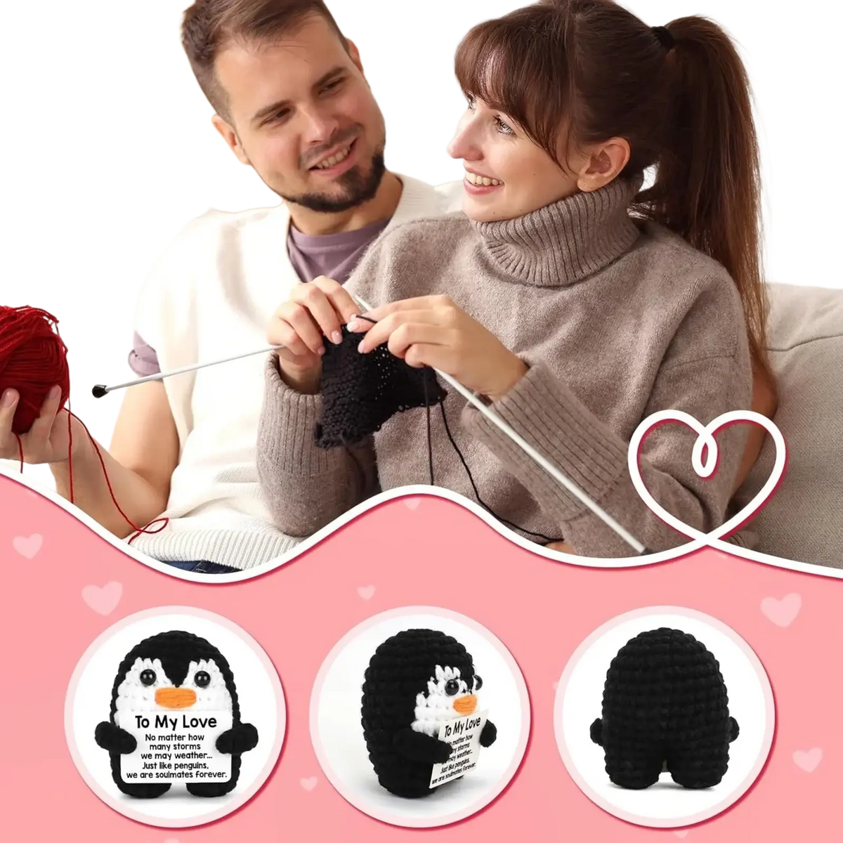 Black crocheted penguin love gift with white embroidered message perfect for romantic occasions