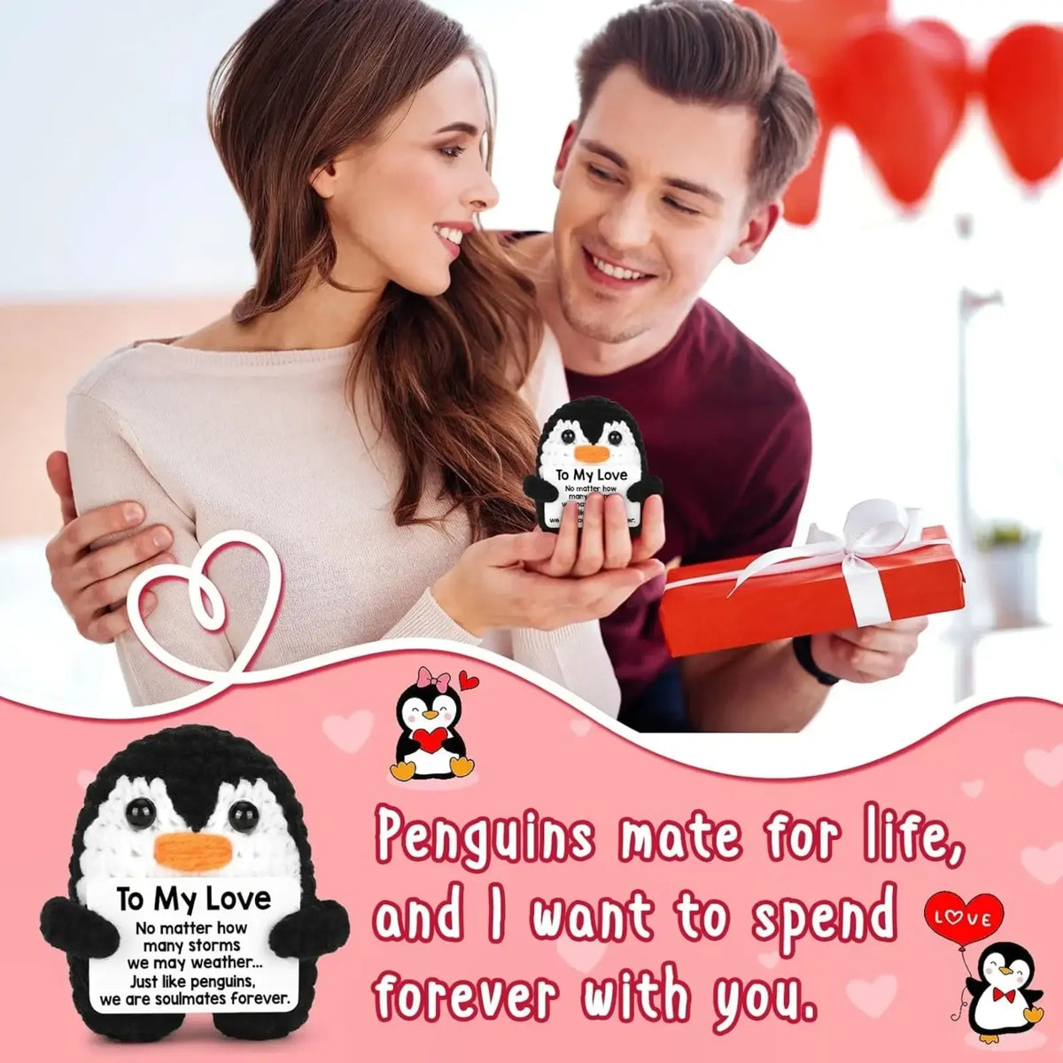 Crocheted black and white penguin shaped keepsake with a heartfelt message engraved on its chest gift item