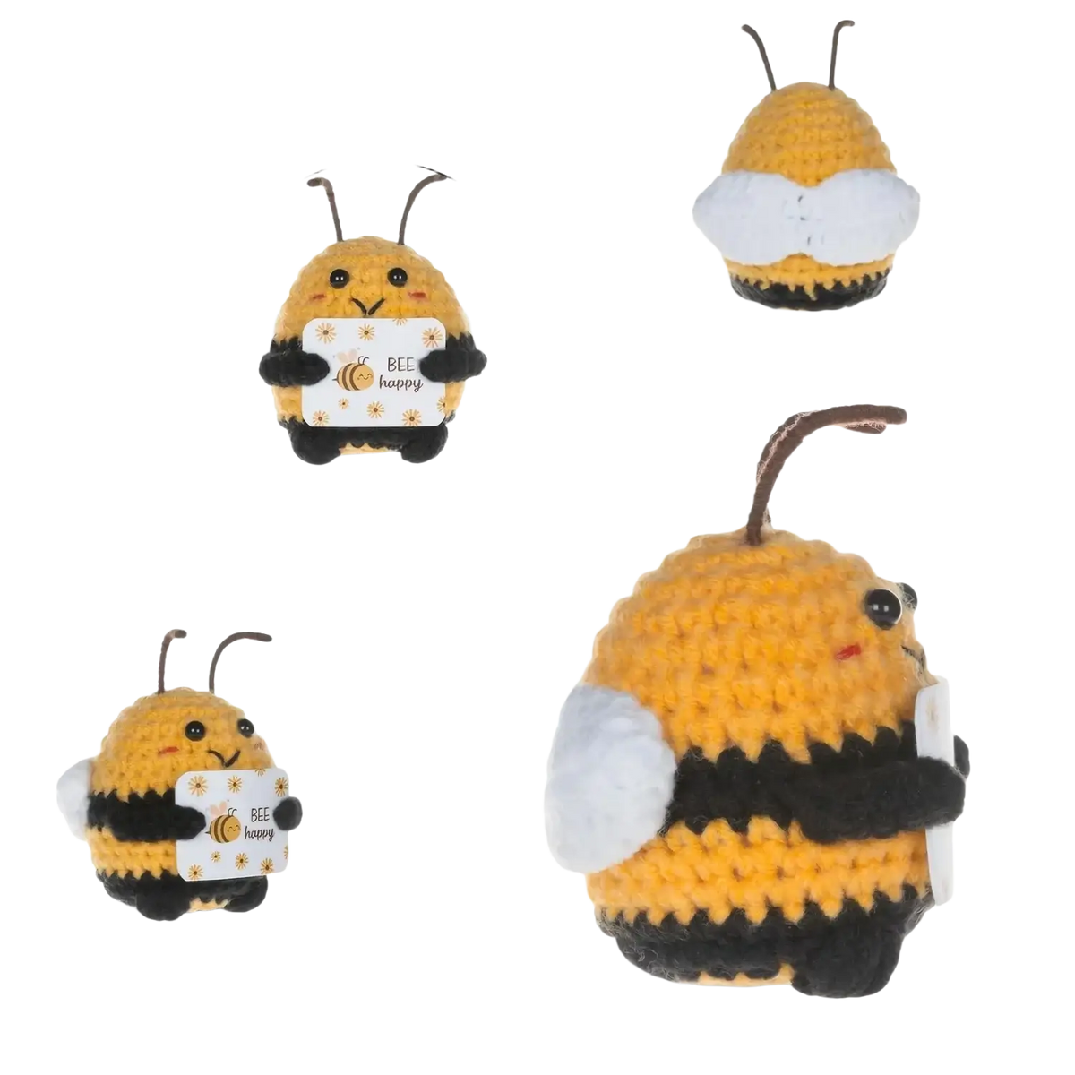 A charming yellow and black crocheted bee keychain and bag charm with white wings holding a bee happy card