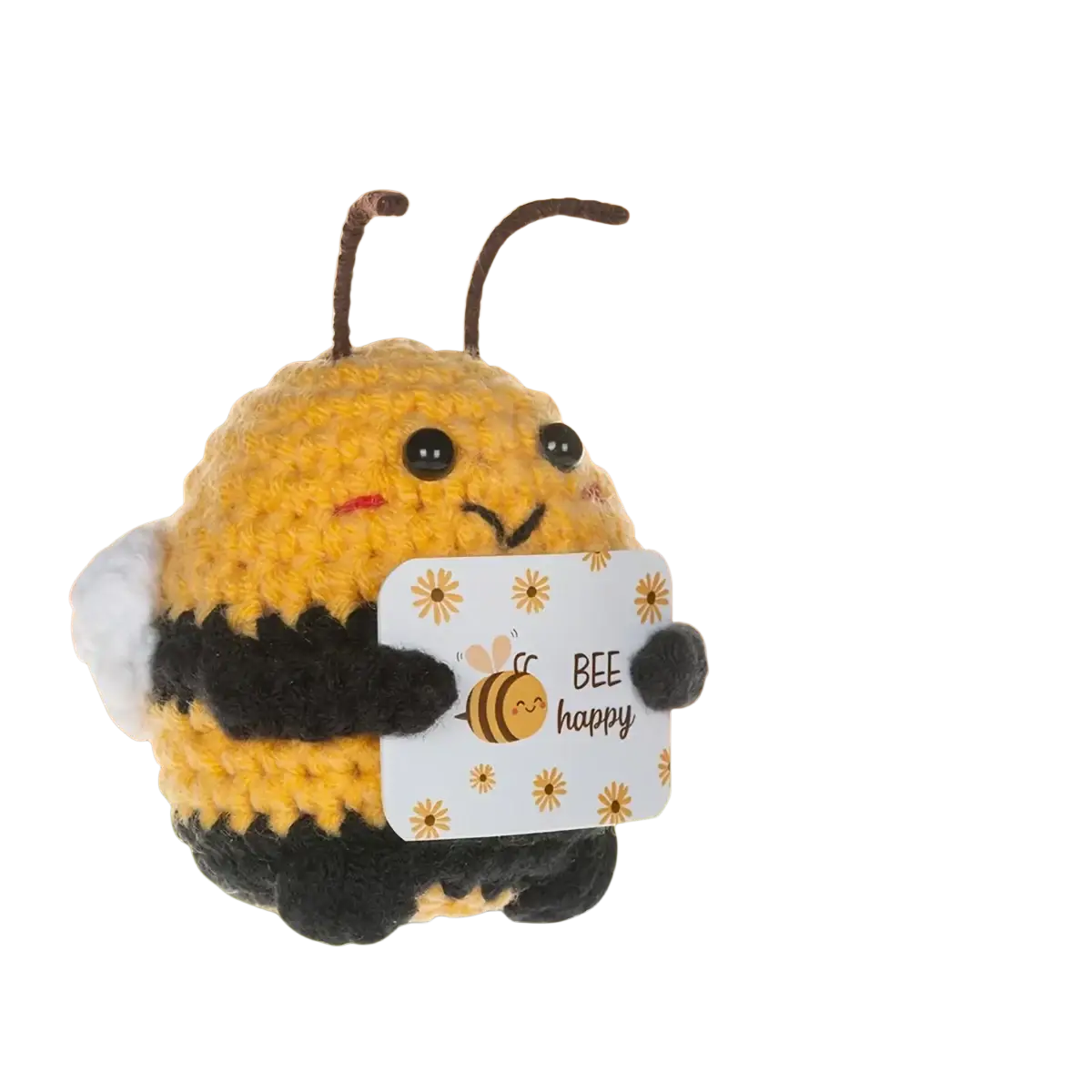 A yellow and black handwoven crocheted bee plush toy holding a bee happy sign as a keychain and bag charm