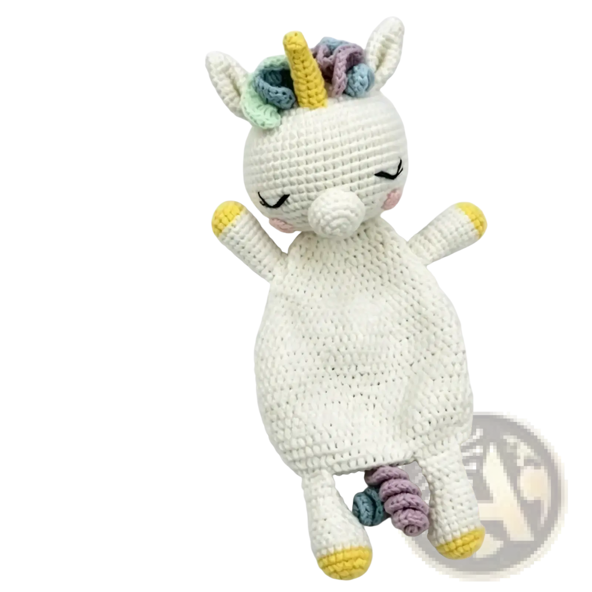 A soft white crocheted unicorn baby comforter with yellow horn and feet pastel mane and closed eyes