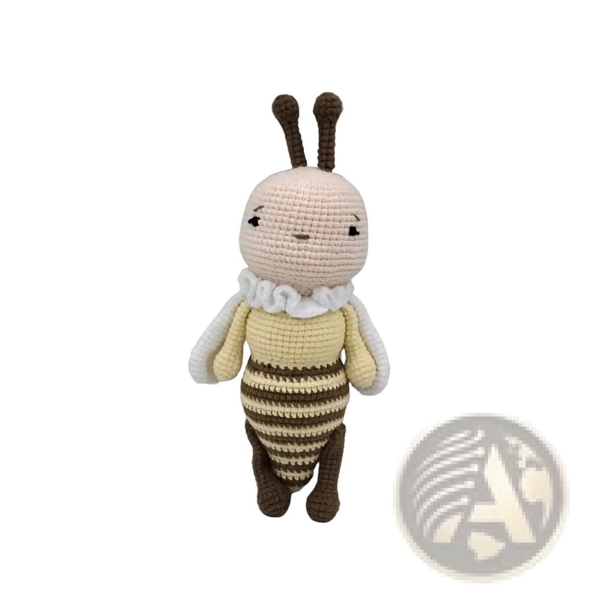A charming beige and brown crocheted bee plush toy with white ruffled collar standing 24cm tall for baby comfort