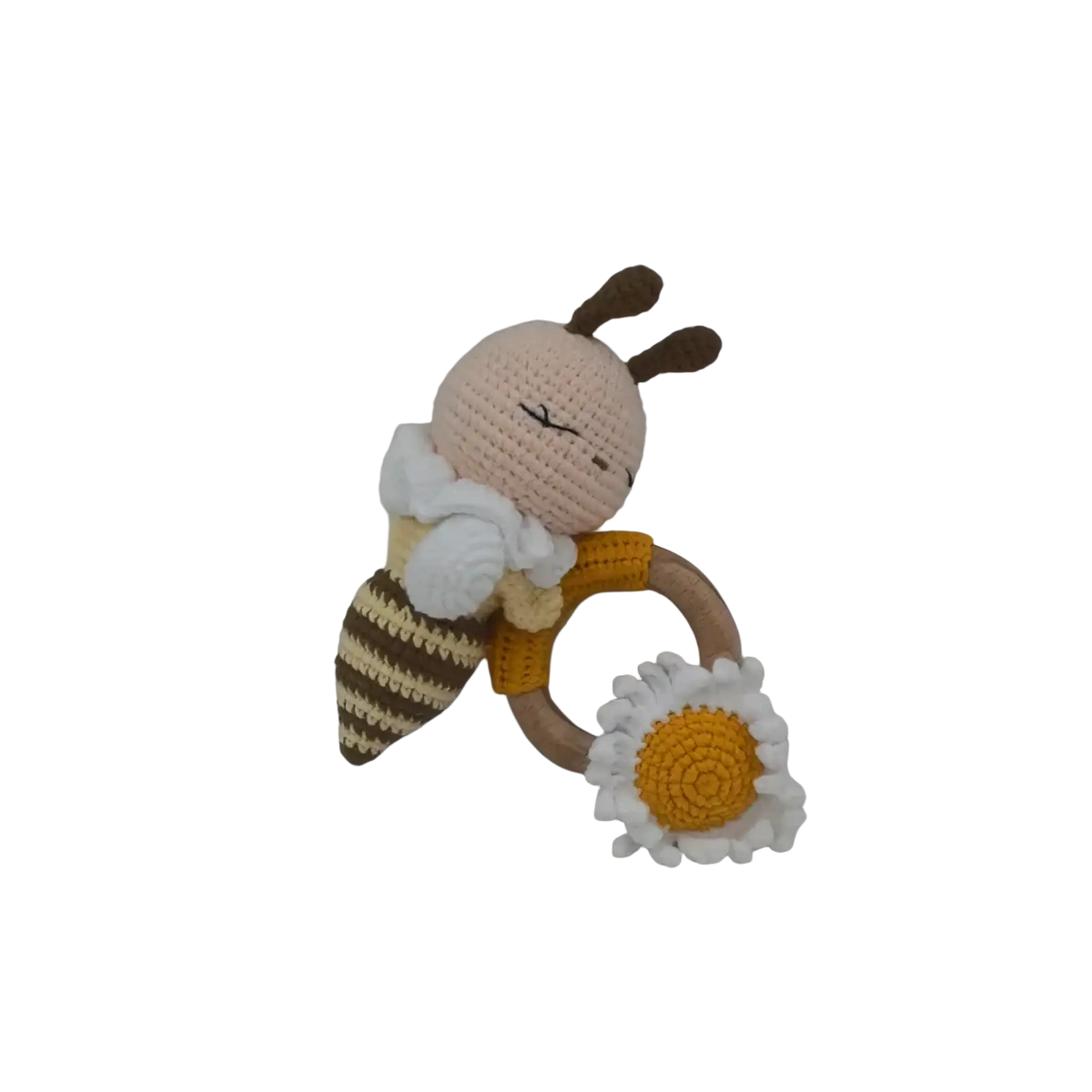 Crocheted unicorn baby comforter security blanket with a yellow bee rattle wooden ring and daisy attachment