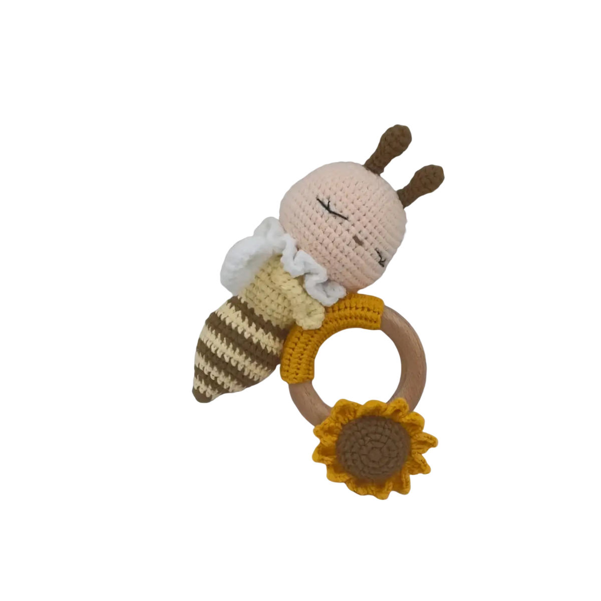 Crocheted unicorn baby comforter security blanket featuring a yellow brown bee teether with pink face and wooden sunflower ring