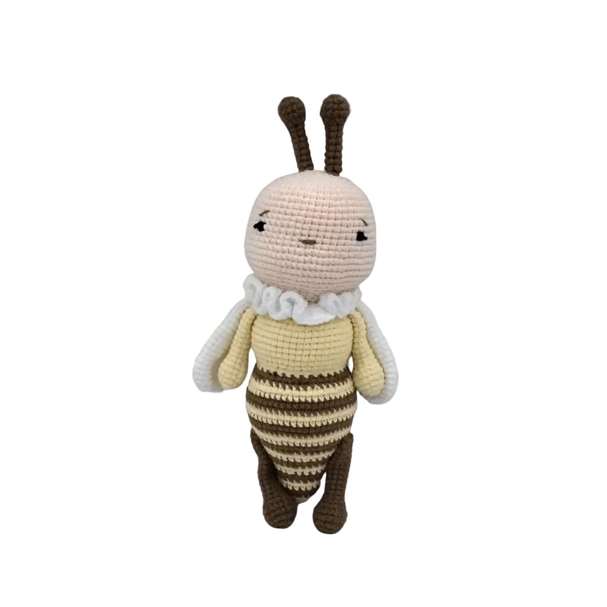 A charming beige and brown crocheted bee plush toy with white ruffled collar standing 24cm tall for baby comfort