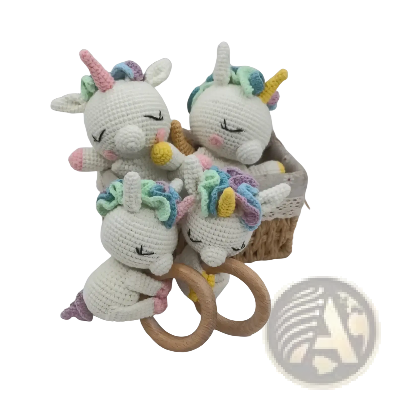 Cute white crocheted unicorn baby comforter security blanket with colorful rainbow mane and wooden ring rattle toy
