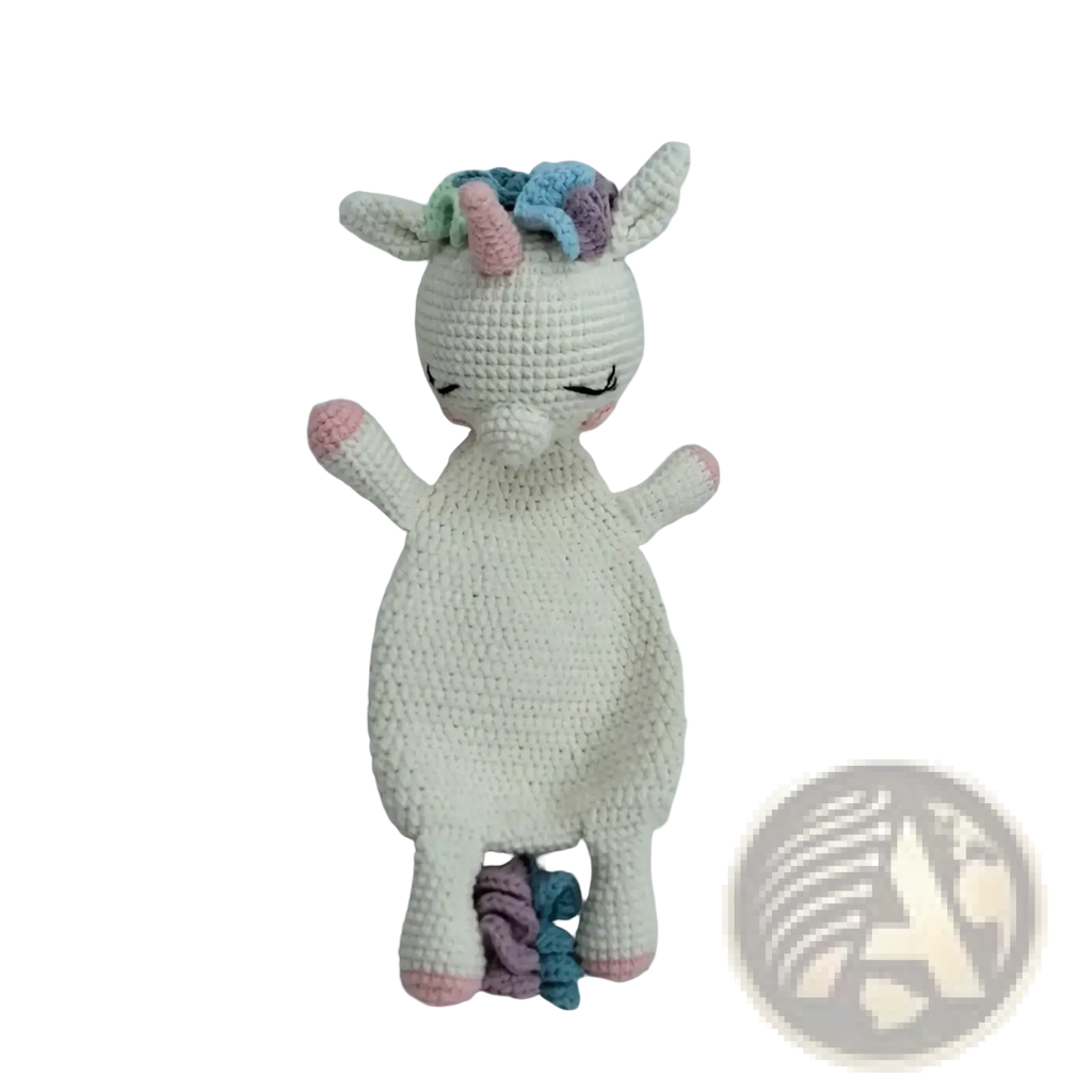 Crocheted unicorn baby comforter security blanket with soft white body pink hooves and horn multicolored mane and tail