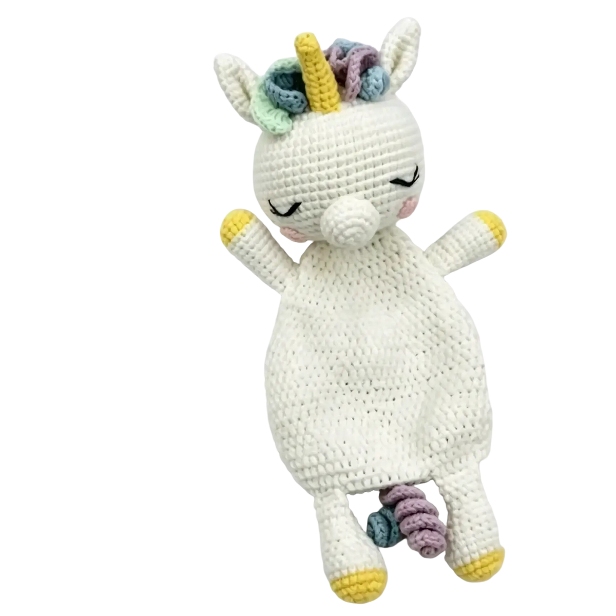 A soft white crocheted unicorn baby comforter with yellow horn and feet pastel mane and closed eyes