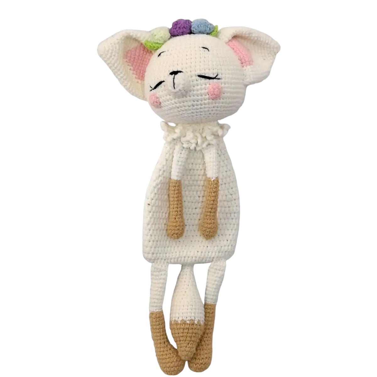 A soft white crocheted cat doll with pink ears and cheeks, tan paws, floral crown in crocheted unicorn baby comforter