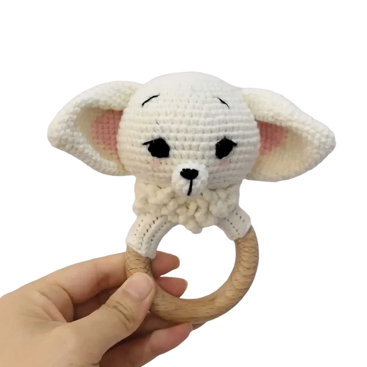 White crocheted puppy rattle with wooden ring handle and pink inner ears for the crocheted unicorn baby comforter security blanket