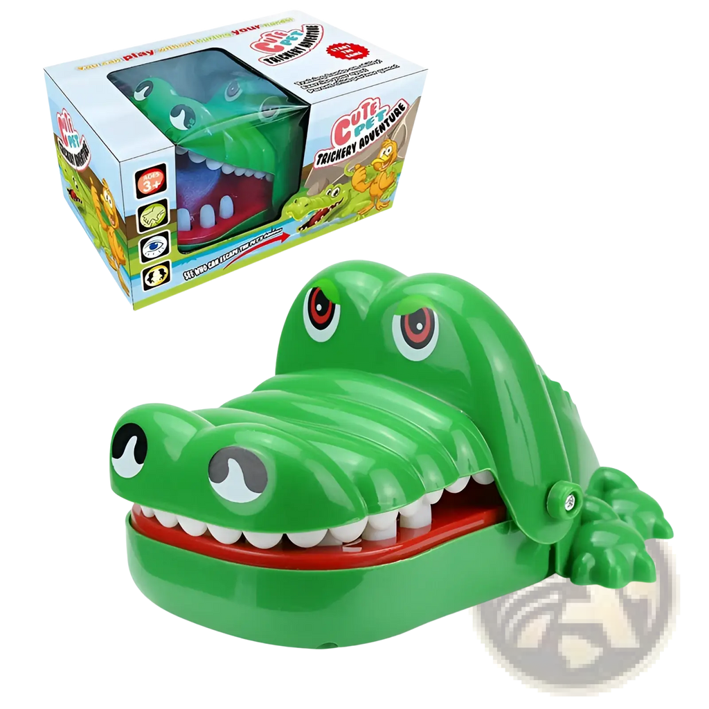 Green plastic crocodile biting finger game toy with white teeth and red interior designed as interactive kids accessory