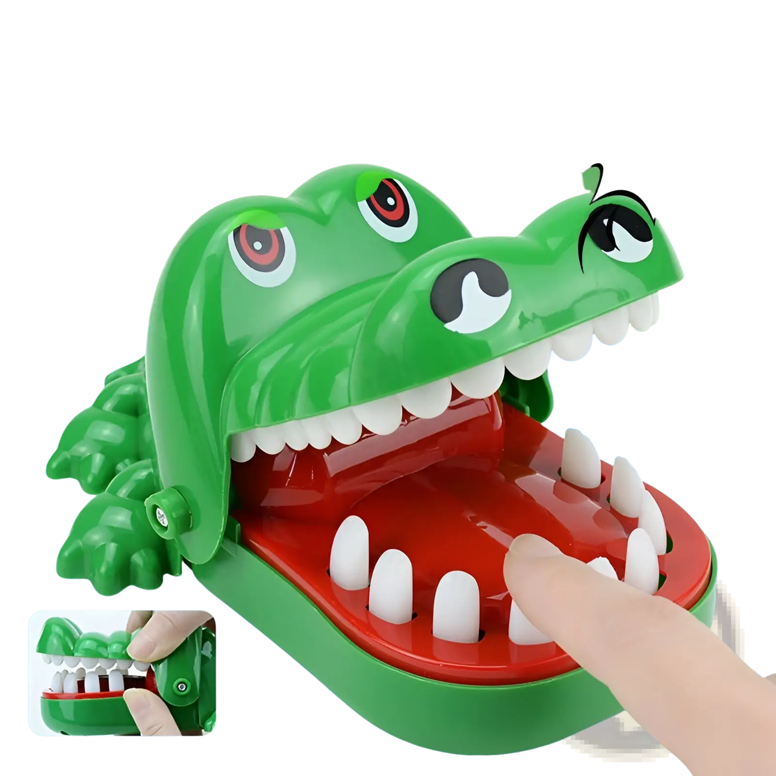 Green plastic interactive crocodile biting finger game toy with white teeth and red interior for kids play